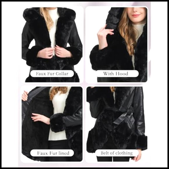 Faux Leather Coat with Faux Fur Collar Slim Fit Belted Mid Length Hooded Jacket - Picture 4 of 6